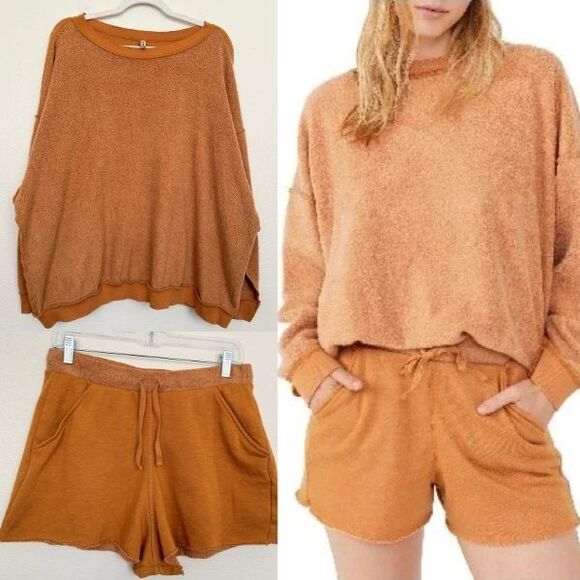 Free People Intimately Kelly Oversized Two Piece Sweat Set Cognac Women's Medium - Picture 1 of 15